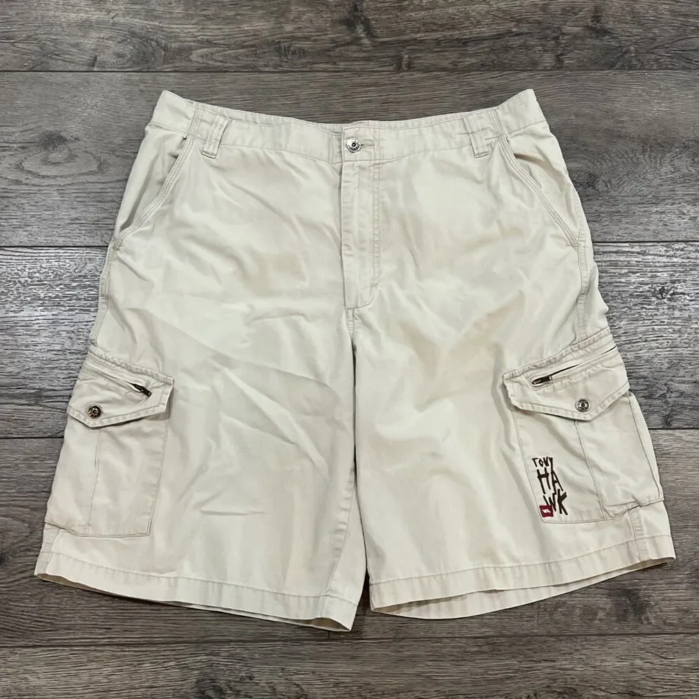 Vintage Y2K Tony Hawk Embroidered Cargo Shorts Tan Skate Baggy - Men’s 36